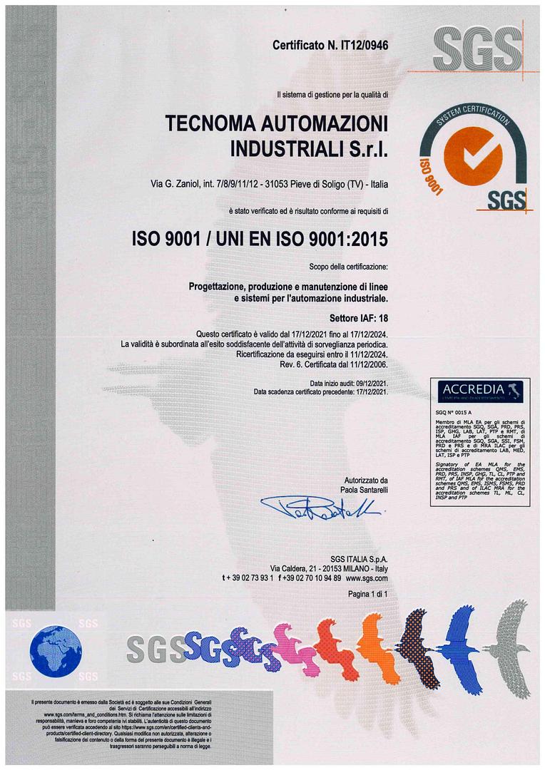 Certificazione SGS ISO 9001 - Qualità e sicurezza